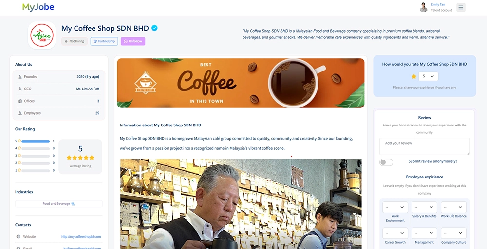 MyJobe Business dashboard