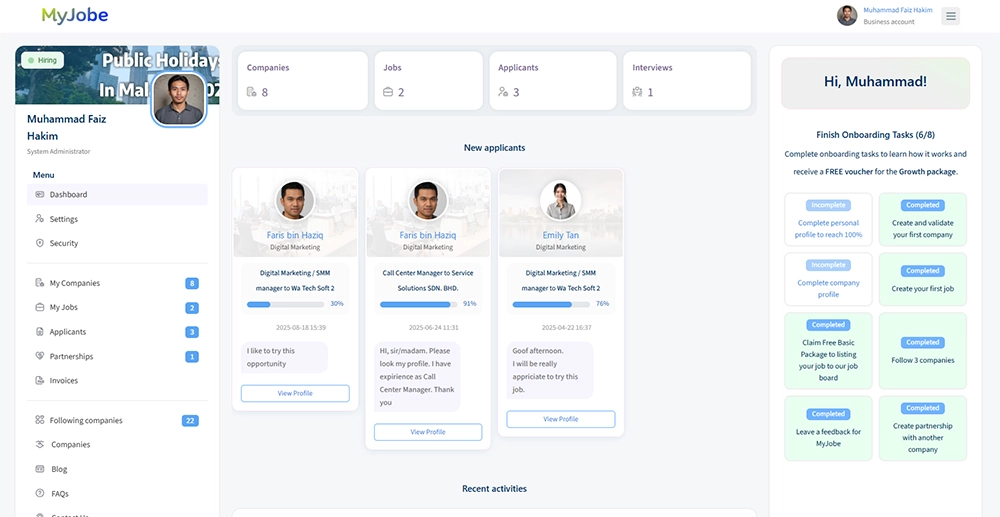 Business Dashboard with new applicants & AI points
