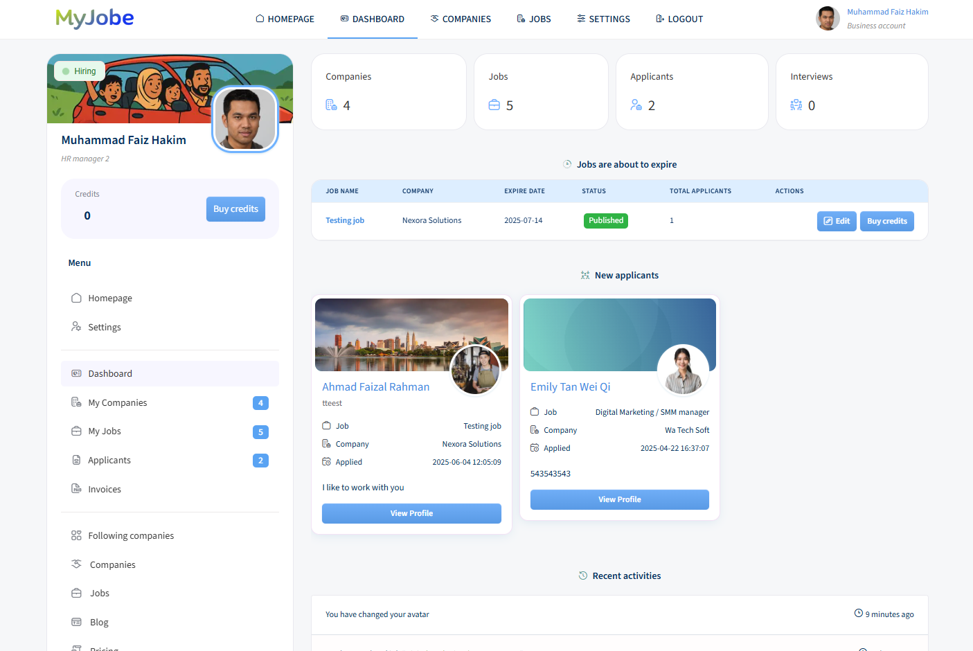 MyJobe Business Dashboard
