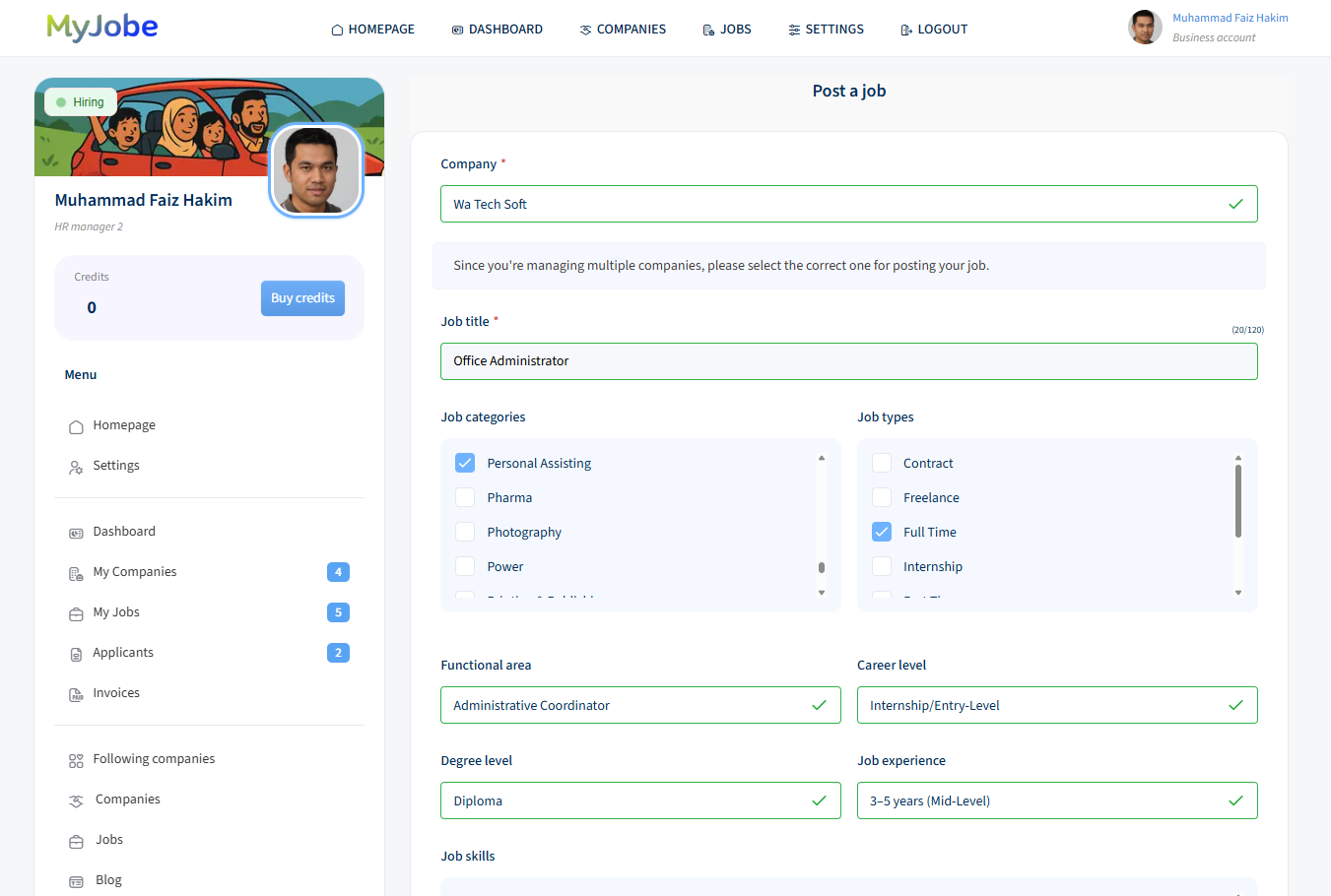 Create Job form